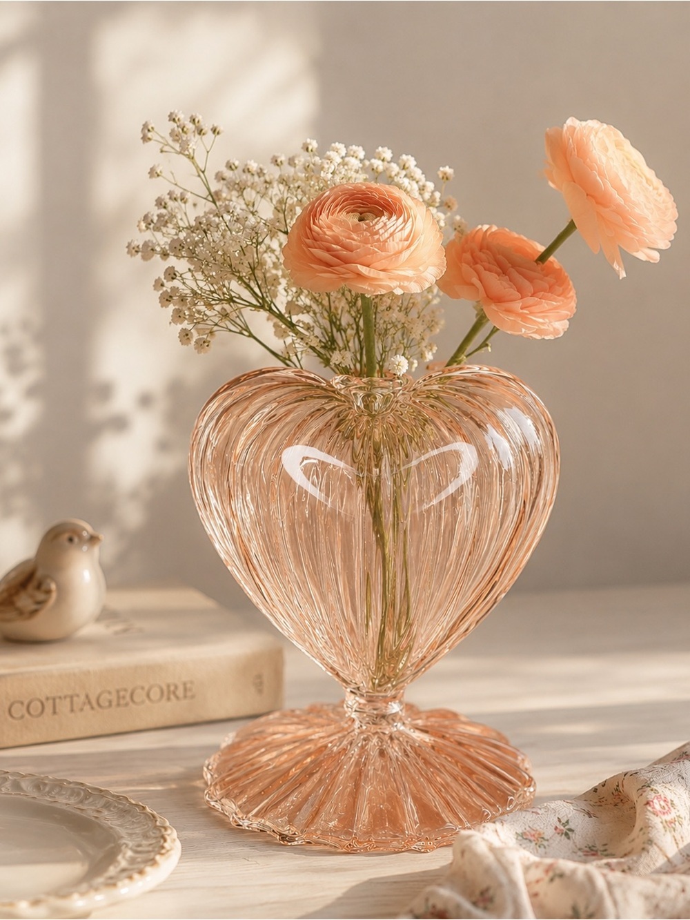 🧡 WAY TO CELEBRATE NWT Coral Glass Heart Bud Vase Cottagecore Pedestal Decor